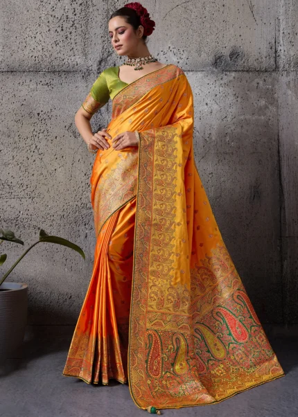 Saffron Orange Satin Silk Banarasi Saree with Meenakari Work