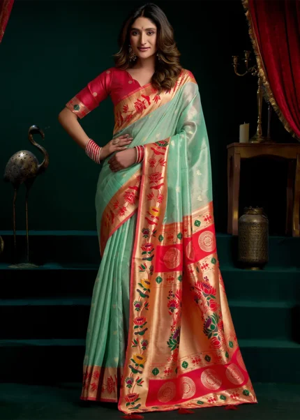 Sea Green Tissue Silk Paithani Saree
