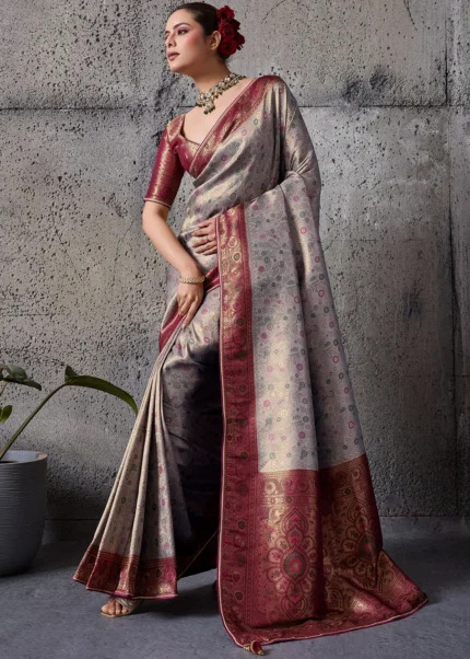 Silver Grey Kanjivaram Saree with Maroon Pallu