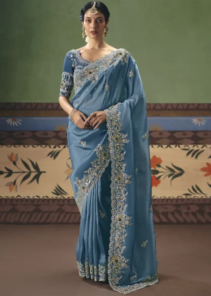 Steel Blue Embroidered Organza Saree