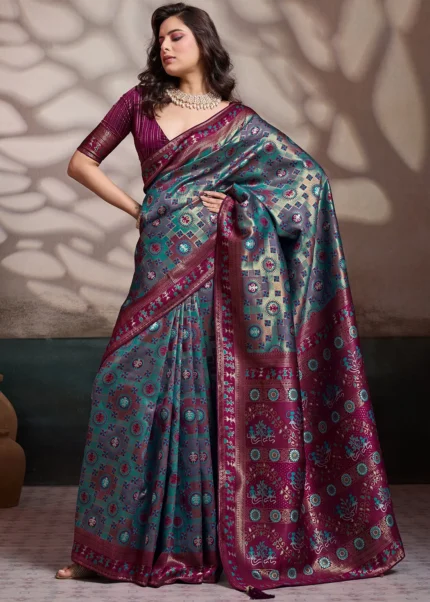 Teal Banarasi Saree with Magenta Kalamkari Motifs