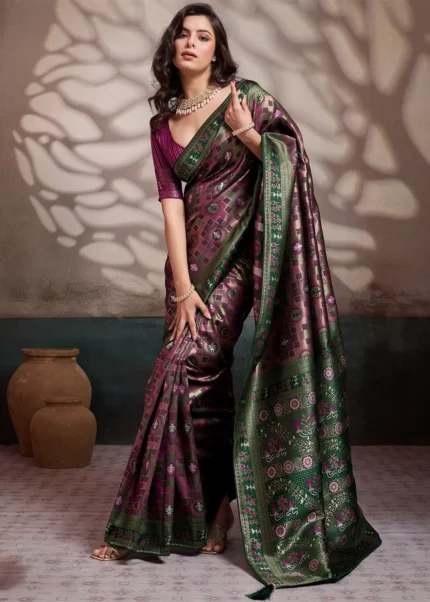 Wine Banarasi Saree with Kalamkari Motifs