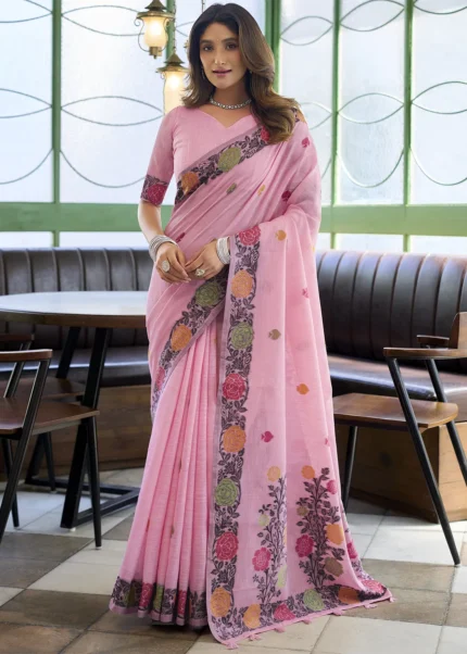 Baby Pink Woven Linen Saree with Floral Motifs