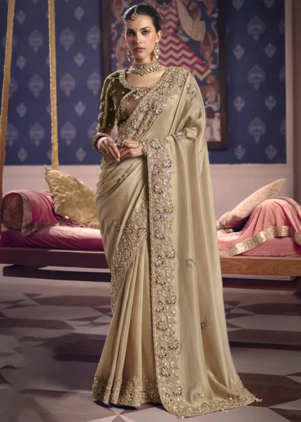 Beige Tissue Silk Saree with Pearl & Cutdana Embroidery