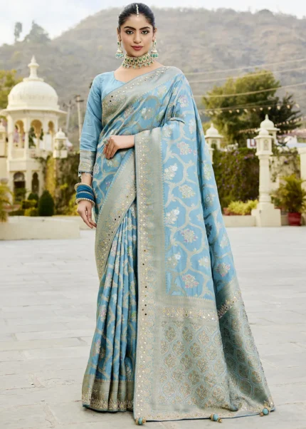 Blue Banarasi Saree with Mirror Work