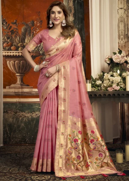 Blush Pink Linen Paithani Saree with Peacock Motifs