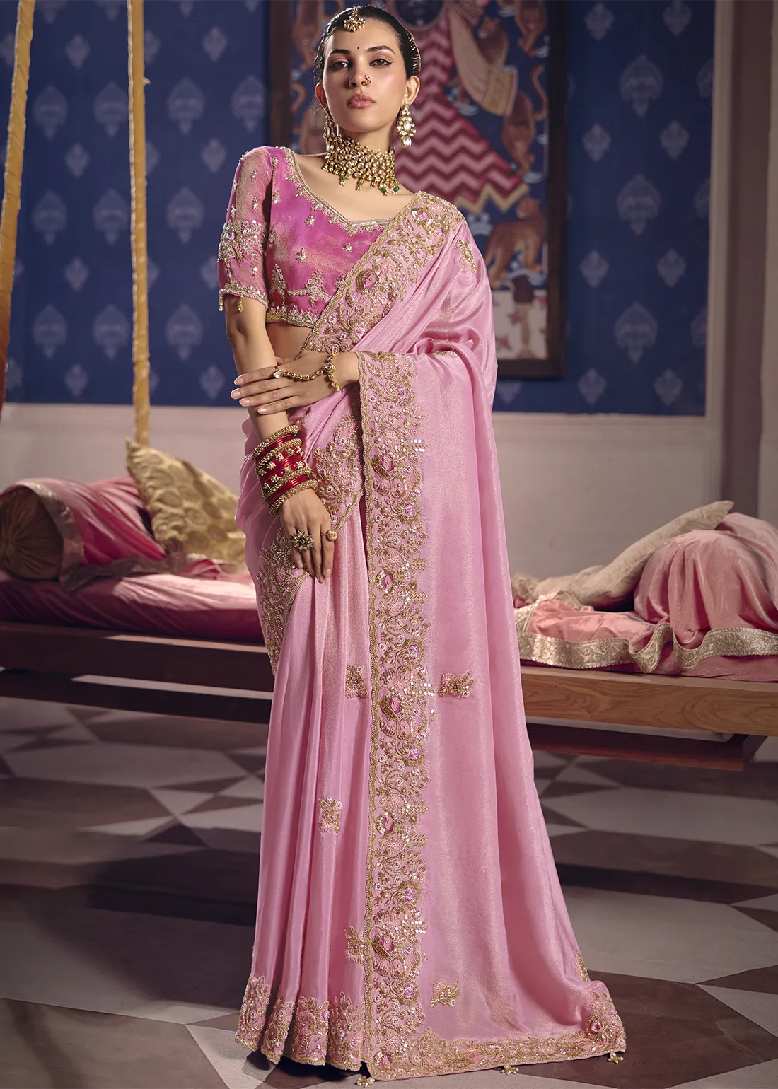 Blush Pink Tissue Silk Saree with Pearl & Cutdana Embroidery Blush Pink Tissue Silk Saree with Pearl & Cutdana Embroidery