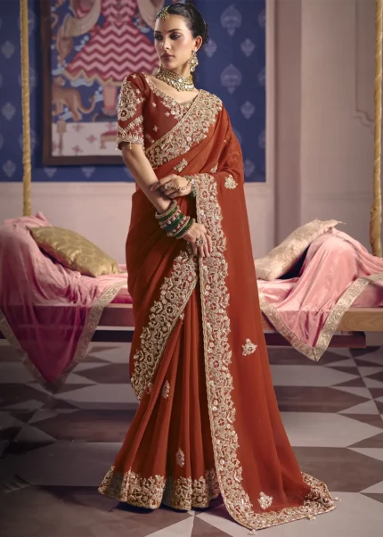Brick Red Tissue Silk Saree with Pearl & Cutdana Embroidery