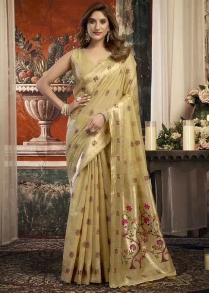 Champagne Beige Linen Paithani Saree with Peacock Motifs