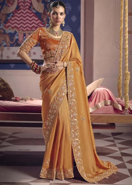 Copper Orange Tissue Silk Saree with Pearl
