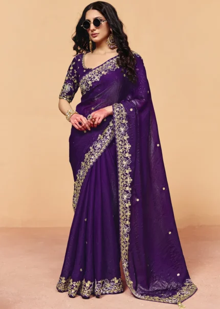 Deep Plum Embroidered Organza Saree with Designer Blouse