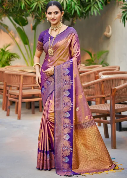 Dual-Tone Lilac Gold Banarasi Silk Saree