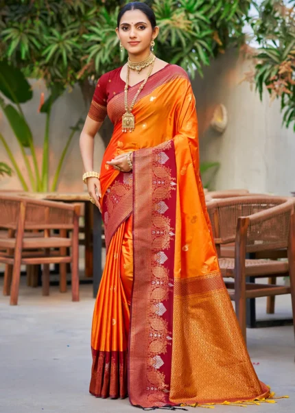 Dual-Tone Saffron Orange Banarasi Silk Saree