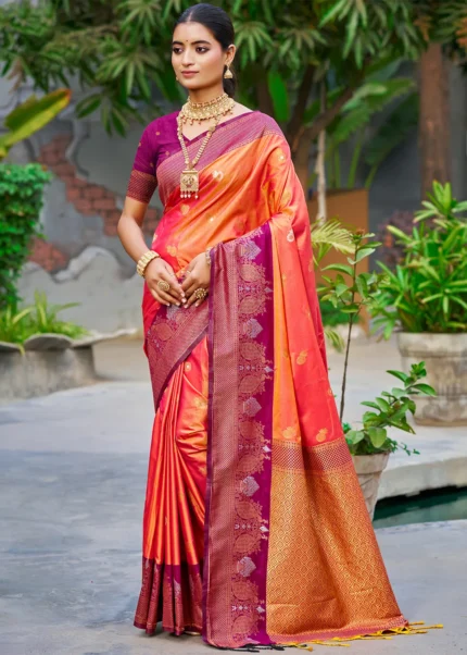 Dual-Tone Sunset Orange Banarasi Silk Saree
