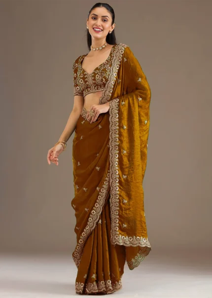 Embroidered Copper Brown Tissue Silk Saree