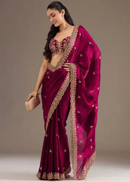 Embroidered Magenta Tissue Silk Saree