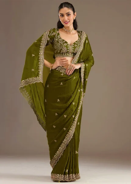 Embroidered Olive Green Tissue Silk Saree