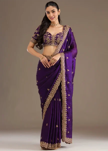 Embroidered Purple Tissue Silk Saree