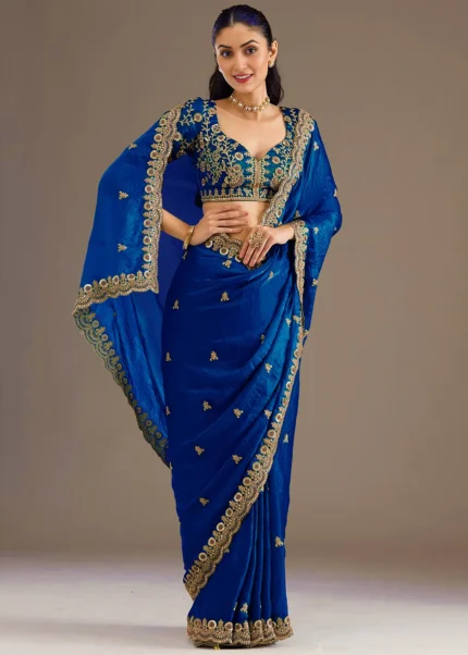 Embroidered Royal Blue Tissue Silk Saree