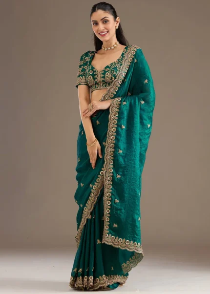 Embroidered Teal Tissue Silk Saree