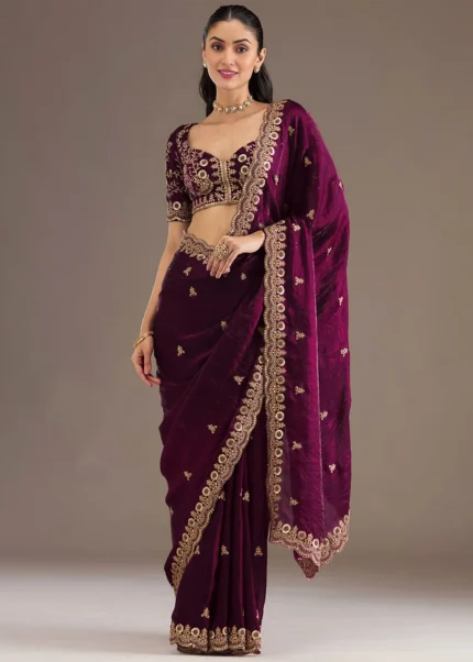 Embroidered Wine Tissue Silk Saree