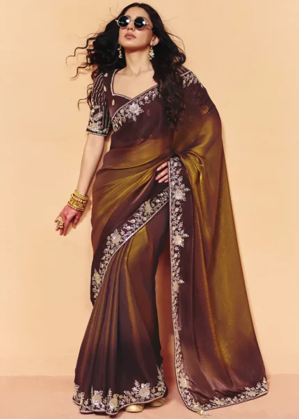 Espresso and Bronze Ombré Embroidered Organza Saree