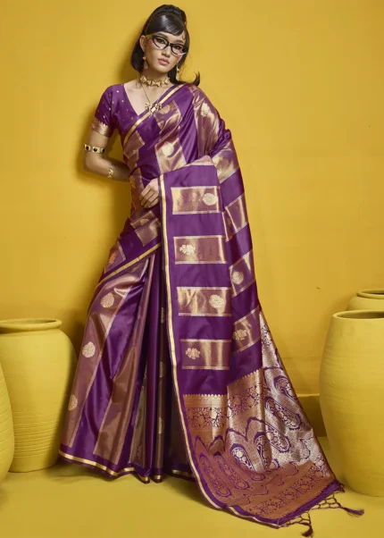 Grape Wine Satin Silk Banarasi Saree with Heavy Zari Pallu