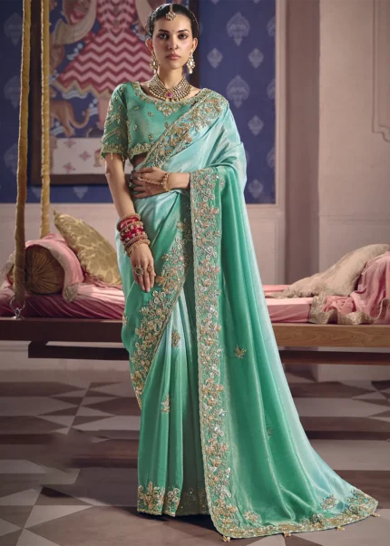 Green Ombré Tissue Silk Saree with Pearl & Cutdana Embroidery