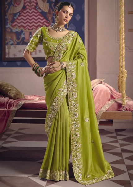 Green Tissue Silk Saree with Pearl & Cutdana Embroidery