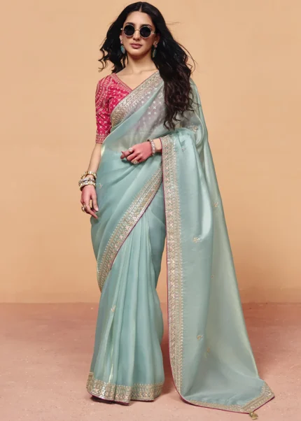 Ice Blue Embroidered Organza Saree