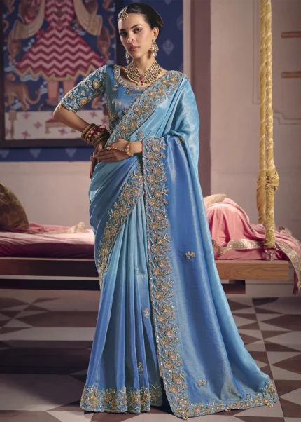Icy Blue Ombre Tissue Silk Saree with Pearl & Cutdana Embroidery