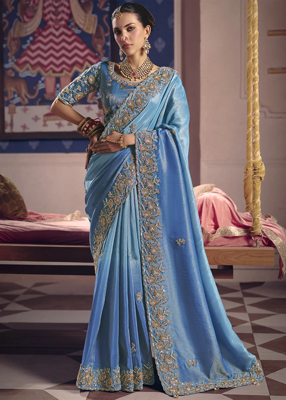 Icy Blue Ombre Tissue Silk Saree with Pearl & Cutdana Embroidery Icy Blue Ombre Tissue Silk Saree with Pearl & Cutdana Embroidery