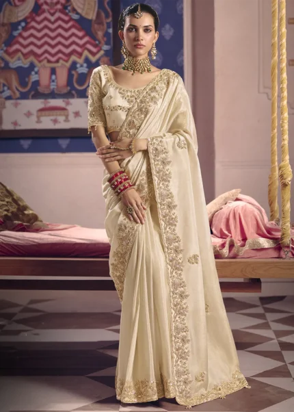 Ivory White Tissue Silk Saree with Pearl & Cutdana Embroidery