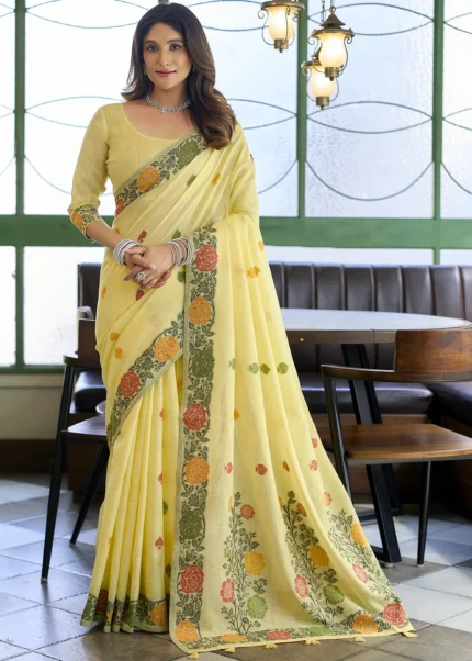 Lemon Yellow Woven Linen Saree with Floral Motifs
