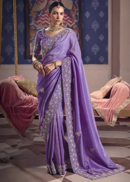 Lilac Tissue Silk Saree with Pearl & Cutdana Embroidery