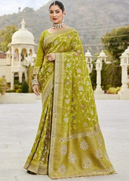 Mehendi Green Banarasi Saree with Mirror Work