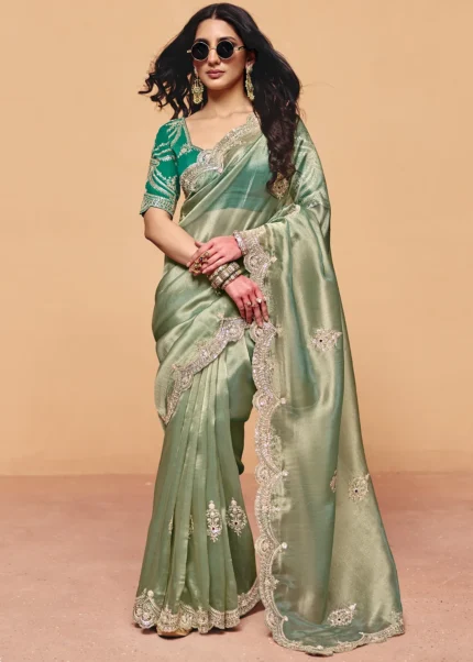 Mint Green Embroidered Organza Saree with Designer Blouse