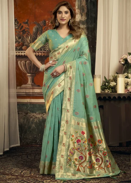 Mint Green Linen Paithani Saree with Peacock Motifs