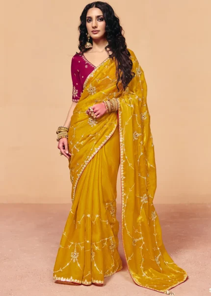 Mustard Yellow Embroidered Organza Saree