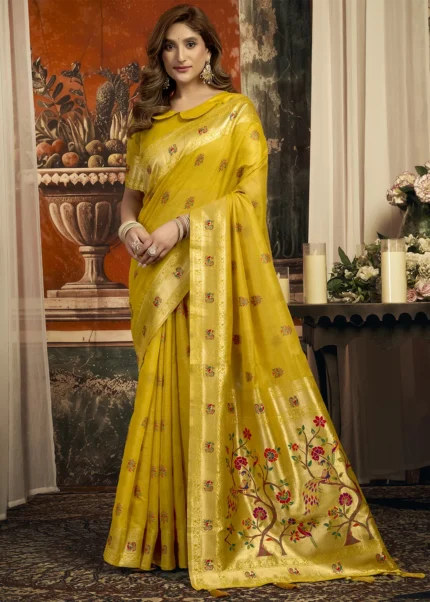 Mustard Yellow Linen Paithani Saree with Peacock Motifs