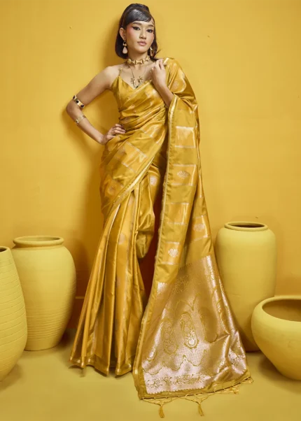 Mustard Yellow Satin Silk Banarasi Saree with Heavy Zari Pallu