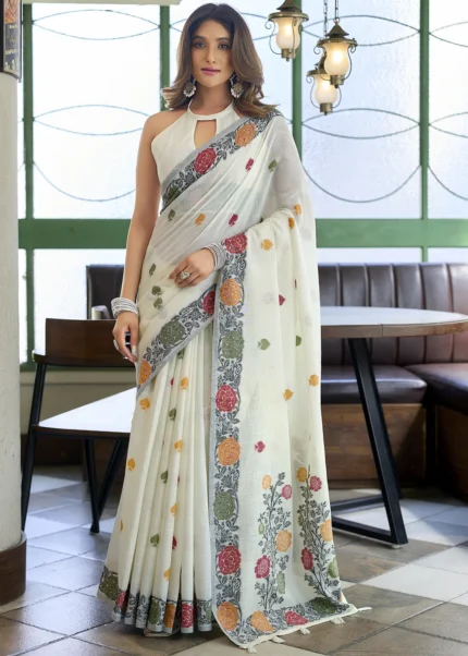 Off White Woven Linen Saree with Floral Motifs