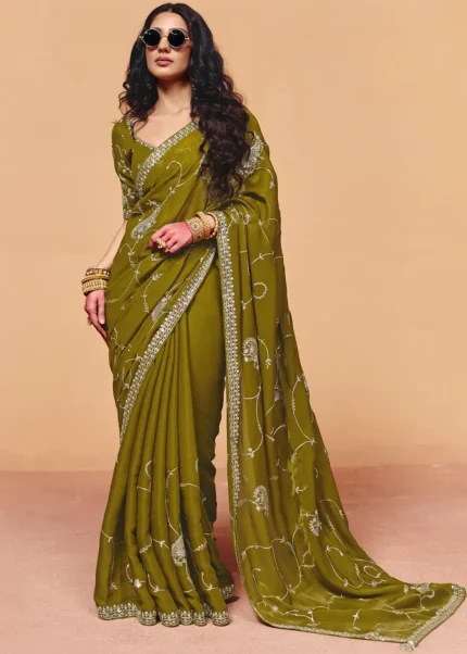 Olive Green Embroidered Organza Saree