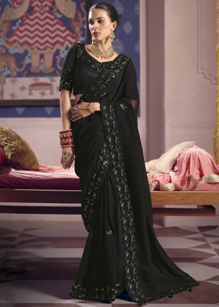 Onyx Black Tissue Silk Saree with Pearl & Cutdana Embroidery