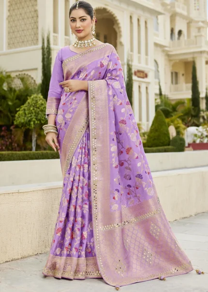 Pastel Lavender Banarasi Saree with Mirror Work