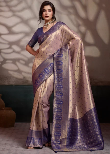 Peach Kanjivaram Pattu Saree with Purple Blouse