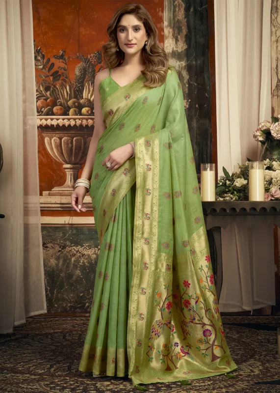 Pistachio Green Linen Paithani Saree with Peacock Motifs