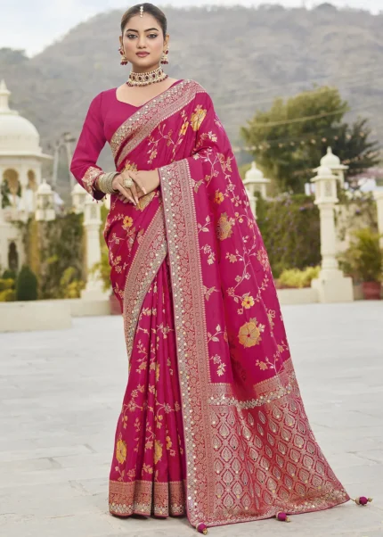 Rani Pink Banarasi Saree with Mirror Work