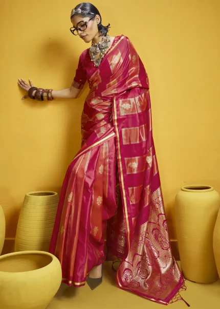 Raspberry Red Satin Silk Banarasi Saree with Heavy Zari Pallu