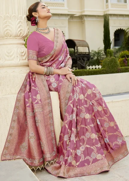 Rose Pink Banarasi Saree with Mirror Work